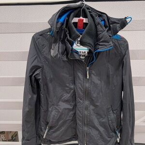 superdry women’s jacket windbreaker outwear top jacket hooded size M black long